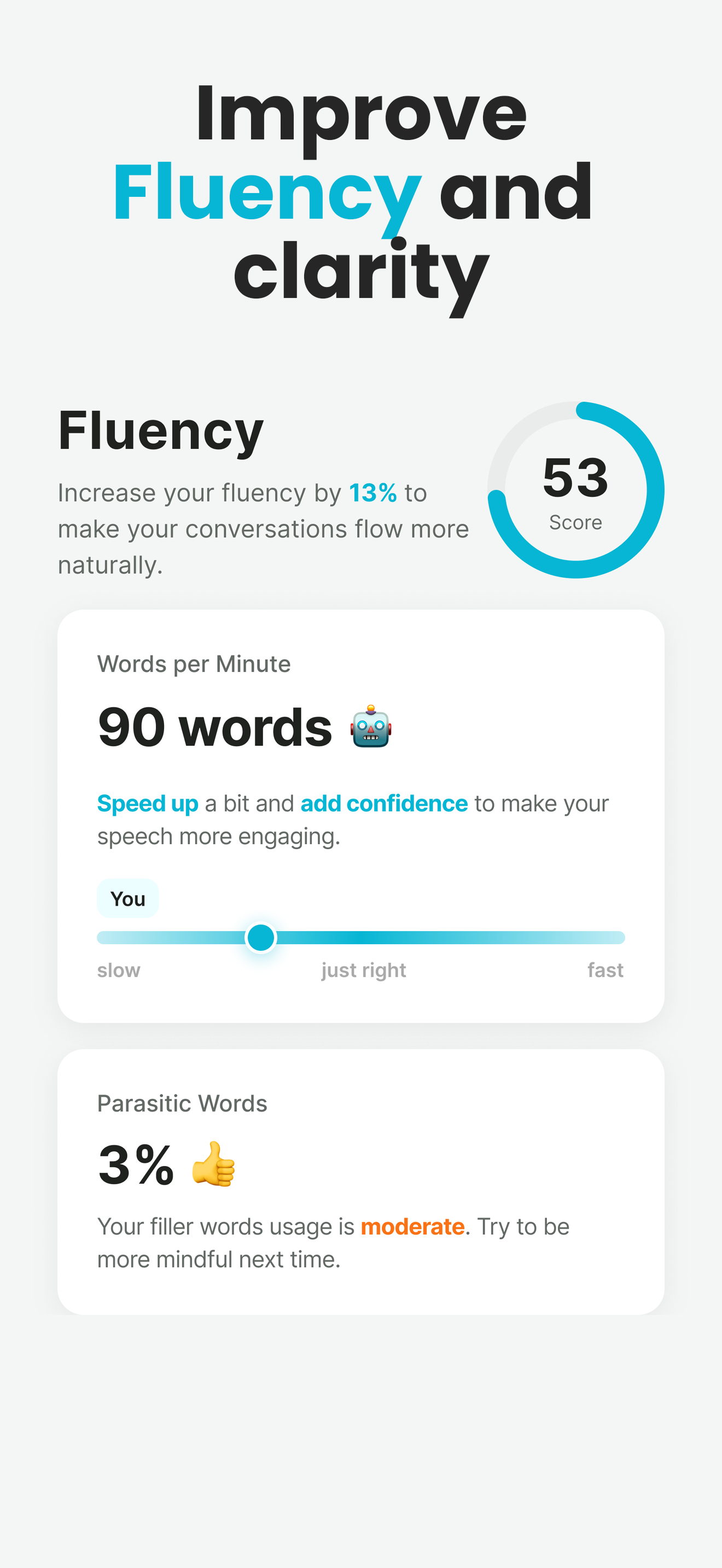 Enverson AI language learning app – fluency and clarity analytics dashboard