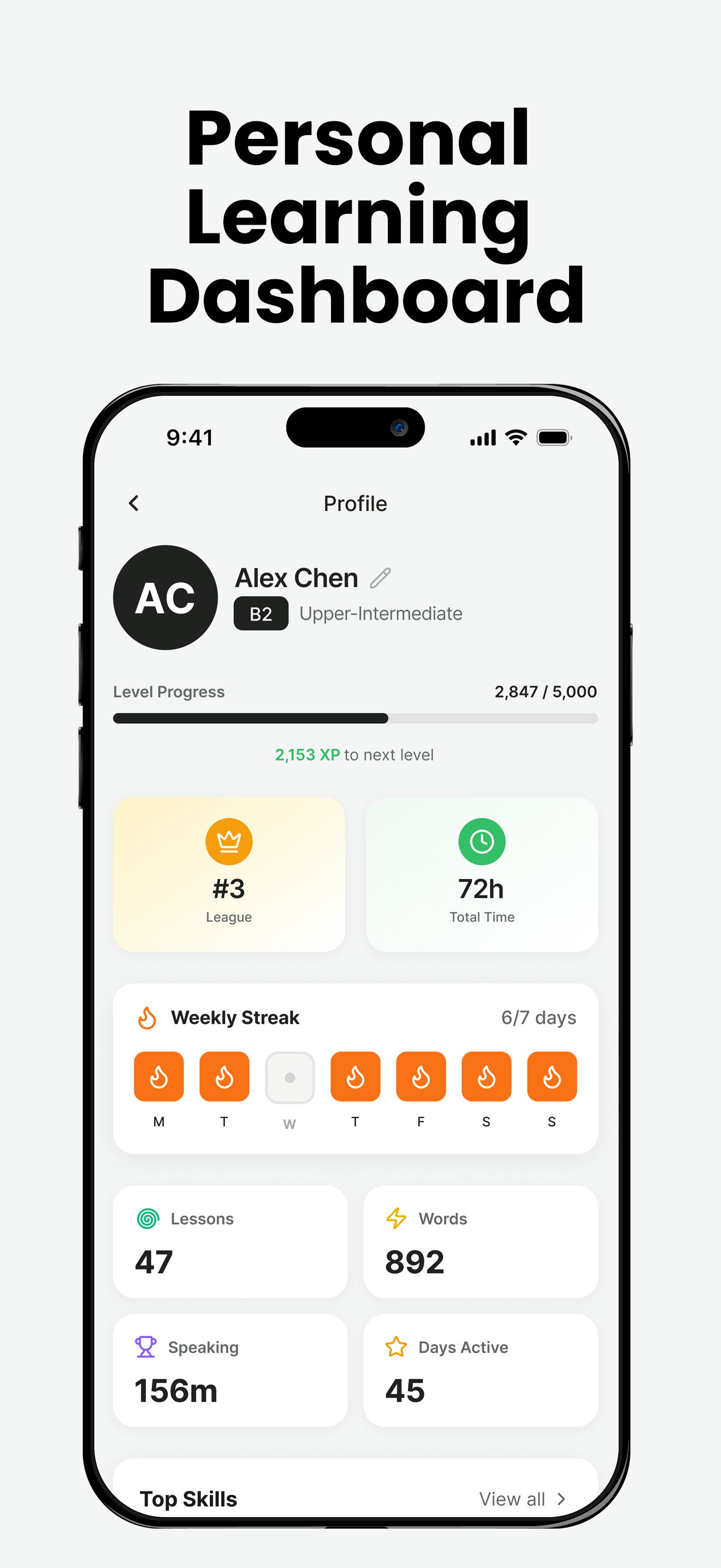 Enverson AI personalized fluency dashboard with per-skill metrics across grammar, fluency, vocabulary, and pronunciation
