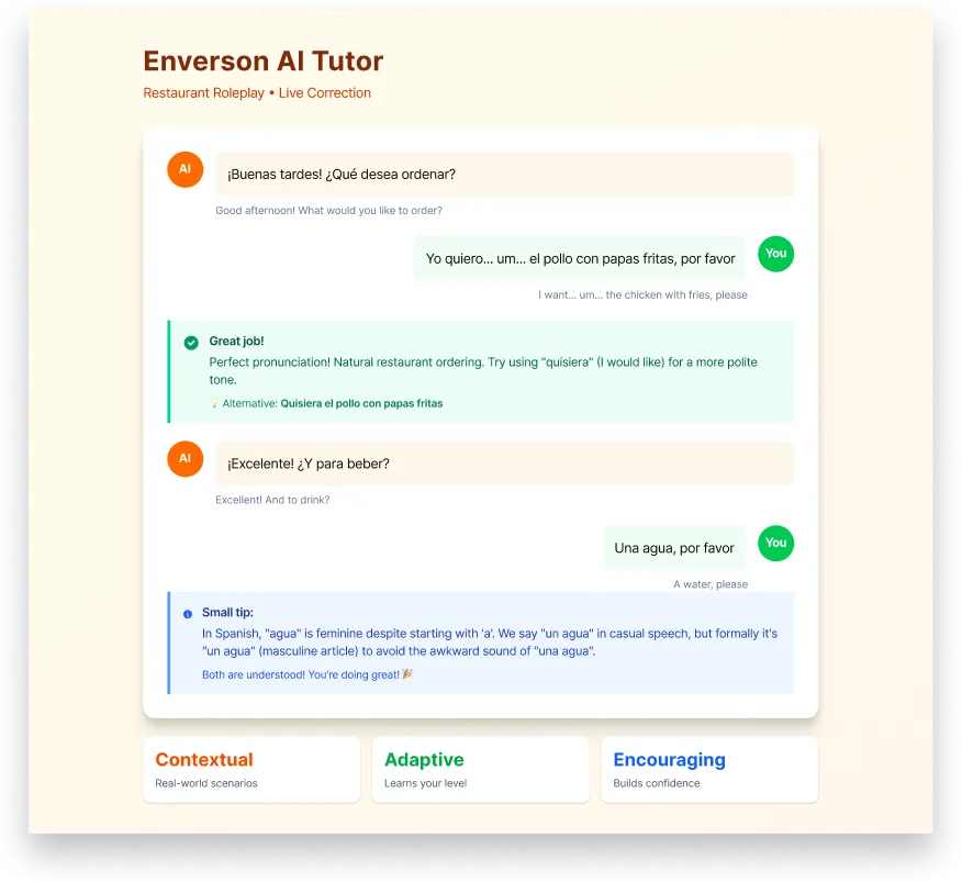 Spanisch schnell lernen mit dem KI-Tutor von Enverson AI — Restaurant-Rollenspiel mit Live-Korrektur
